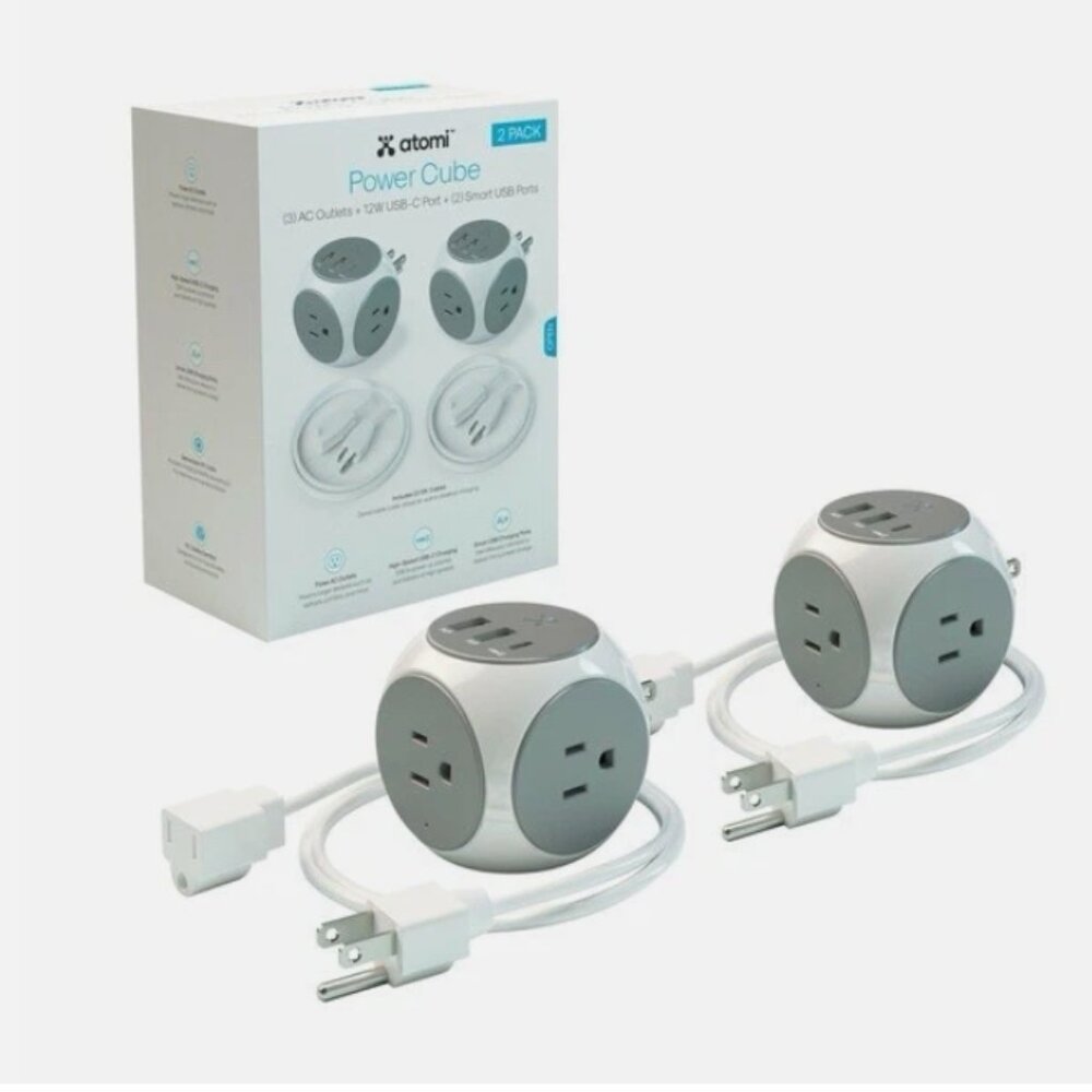 2-Pack Power Cube   3AC Outlets + 3 Smart USB Ports(2 USB-A & 1 USB-C)